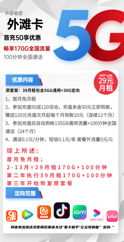 电信外滩卡29元/170G/100分钟