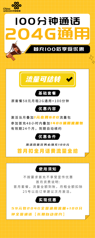 联通最美卡59元/204G/100分钟