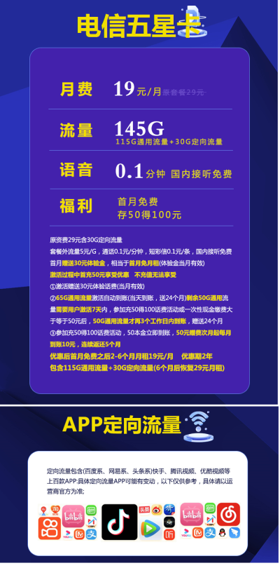 电信五星卡19元/145G