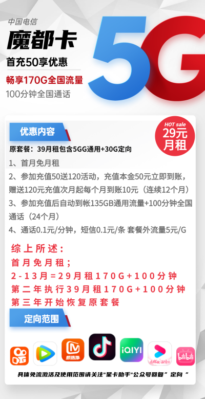 电信魔都卡29元/170G/100分钟