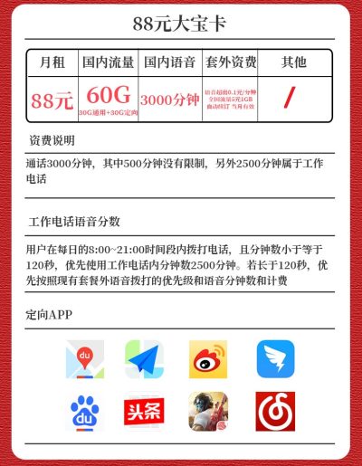 联通大宝卡88元/60G/3000分钟