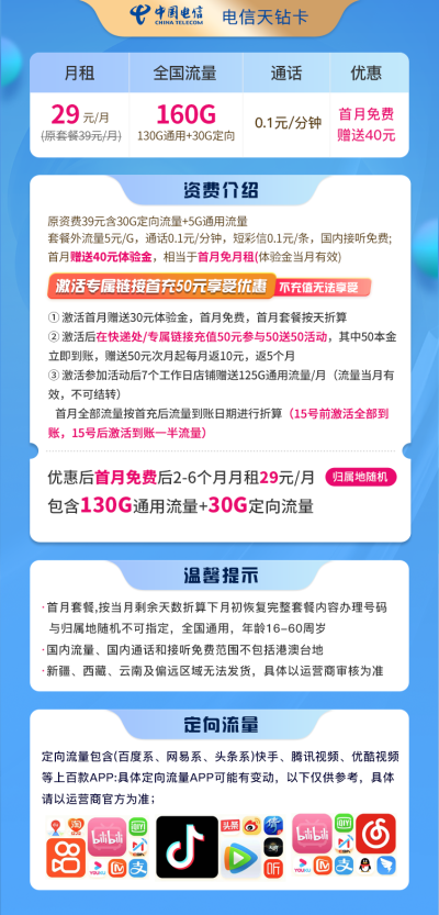 电信天钻卡29元/160G