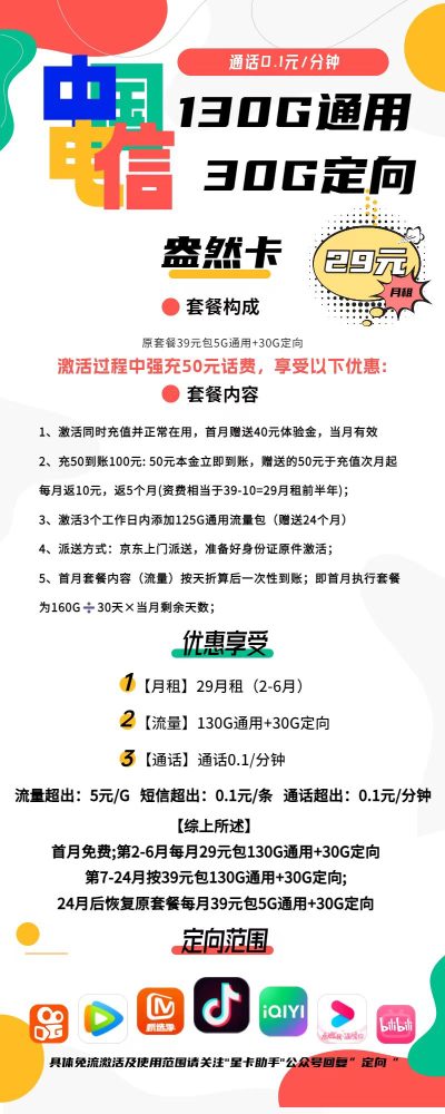 电信盎然卡29元/160G