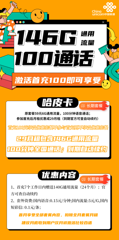联通哈皮卡29元/146G/100分钟