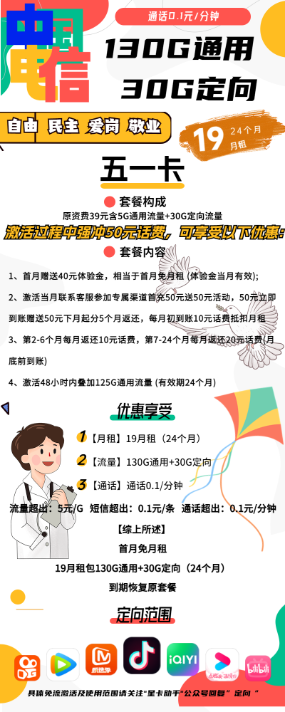 电信五一卡19元/160G