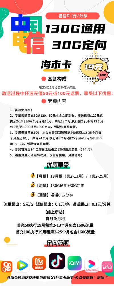 电信海市卡19元/160G