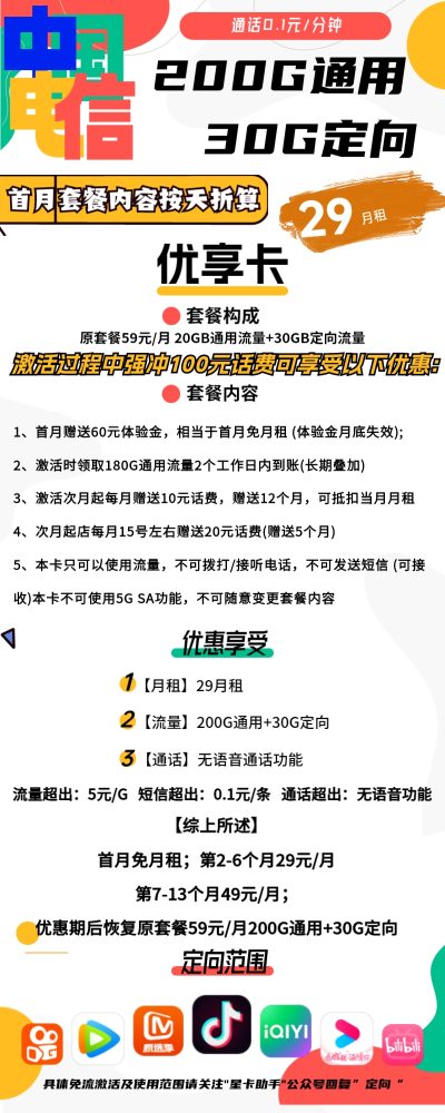 电信优享卡29元/230G【无语音】