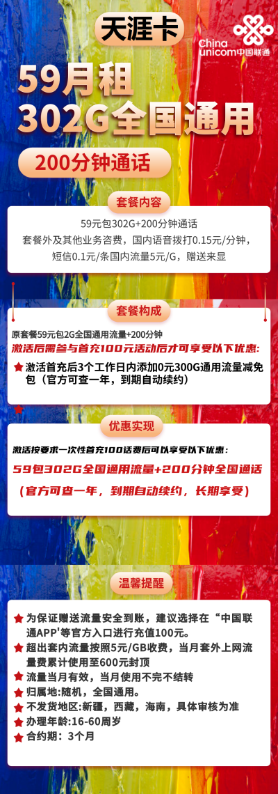 联通天涯卡59元/302G/200分钟