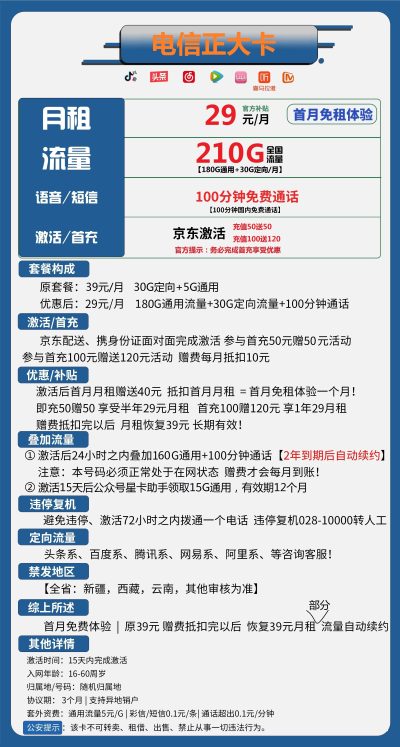 电信正大卡29元/210G/100分钟