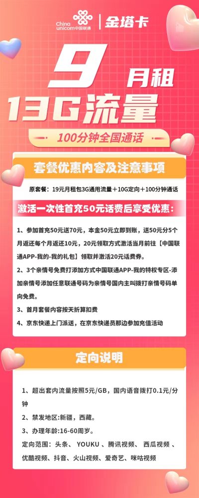 联通金塔卡9元/13G/100分钟