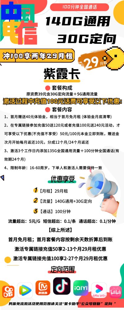 电信紫霞卡29元/170G/100分钟
