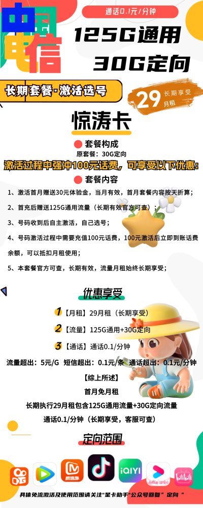 电信惊涛卡29元/155G