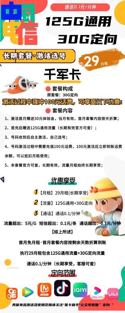 电信千军卡29元/155G