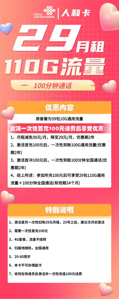 联通人和卡29元/110G/100分钟