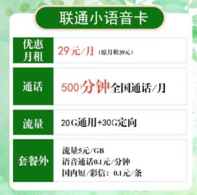 联通小语音卡29元/50G/500分钟