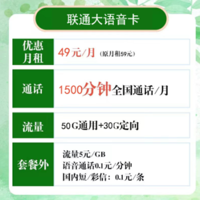 联通大语音卡49元/80G/1500分钟