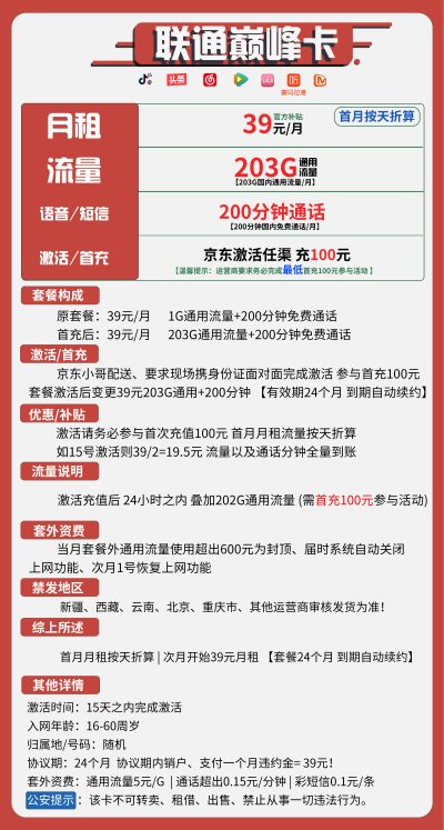 联通巅峰卡39元/203G/200分钟