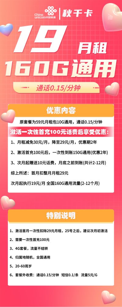 联通秋千卡19元/160G