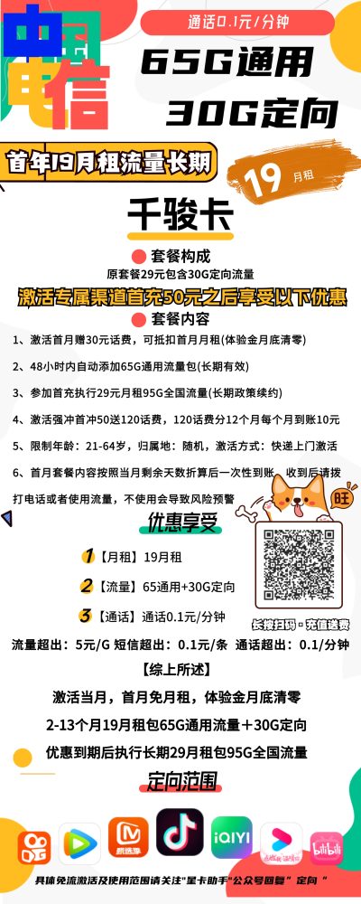 电信千骏卡19元/95G