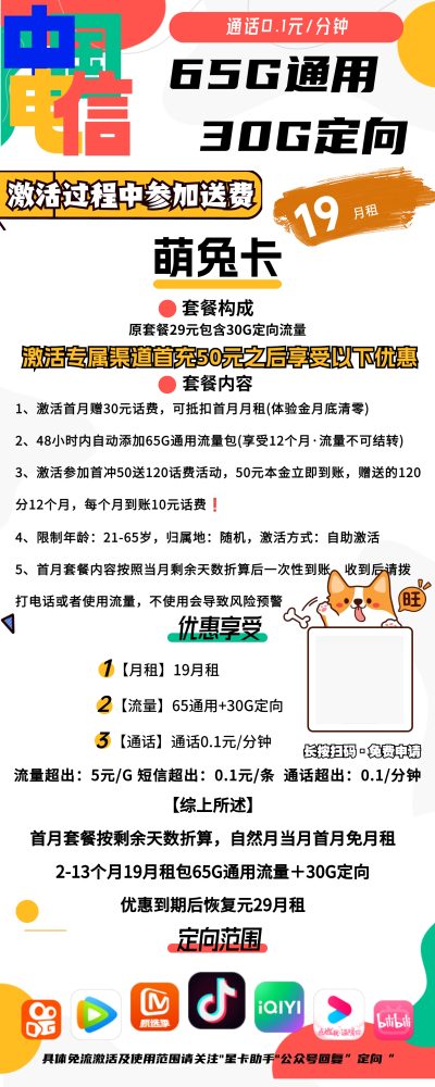 电信萌兔卡19元/95G