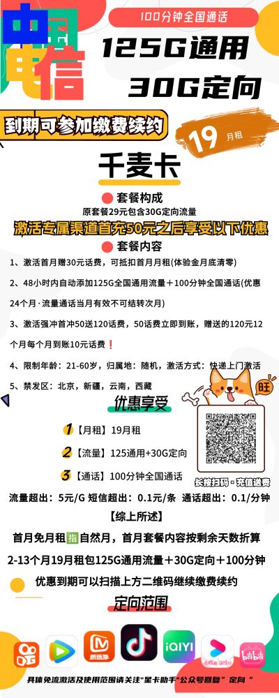 电信千麦卡19元/155G/100分钟