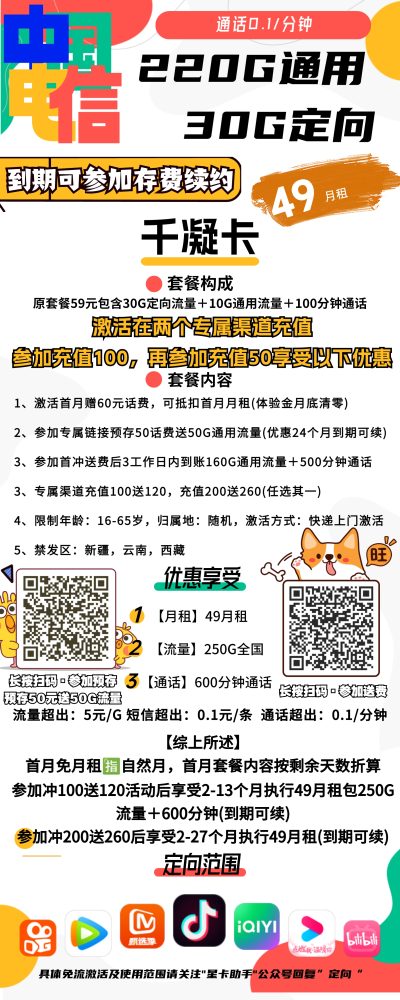 电信千凝卡49元/250G/600分钟