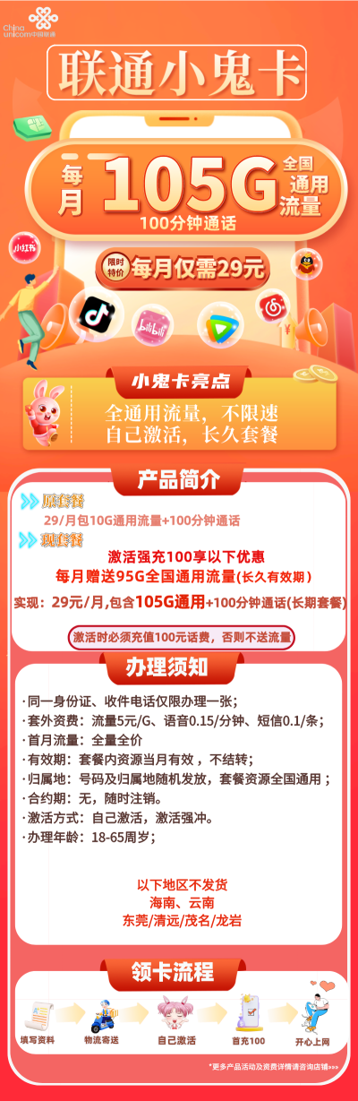 联通小鬼卡29元/105G/100分钟