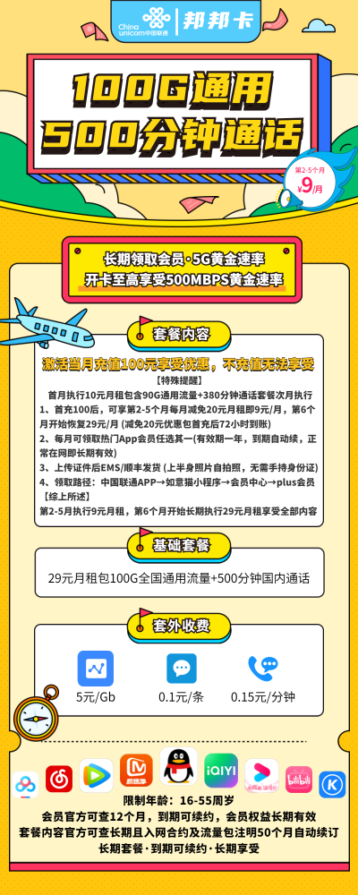 联通邦邦卡29元/100G/500分钟