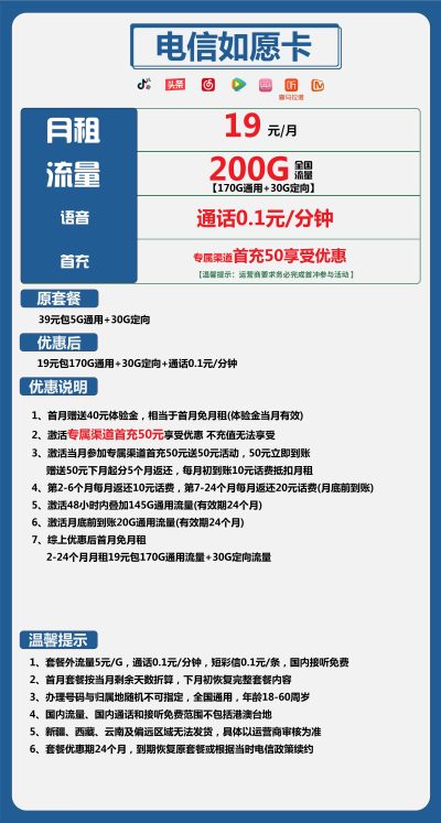 电信如愿卡19元/200G