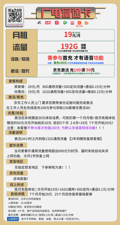 广电富途卡19元/192G