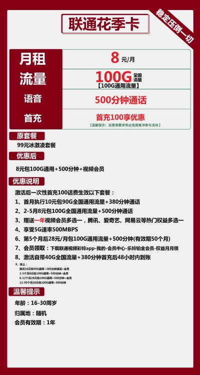 联通花季卡8元/100G/500分钟