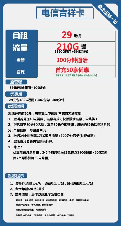 电信吉祥卡29元/210G/300分钟