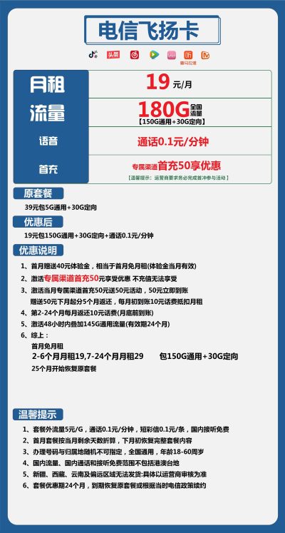 电信飞扬卡19元/180G