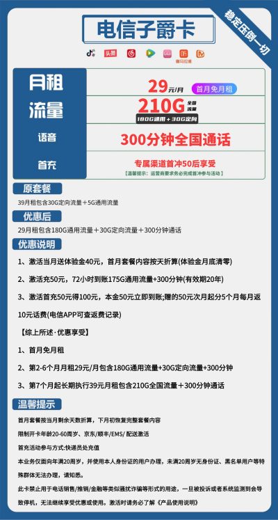 电信子爵卡29元/210G/300分钟
