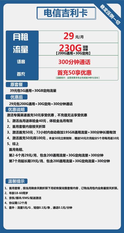电信吉利卡29元/230G/300分钟