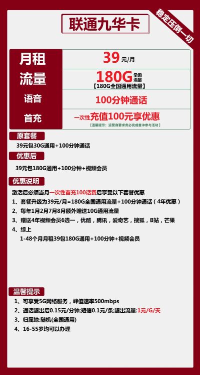 联通九华卡39元/180G/100分钟