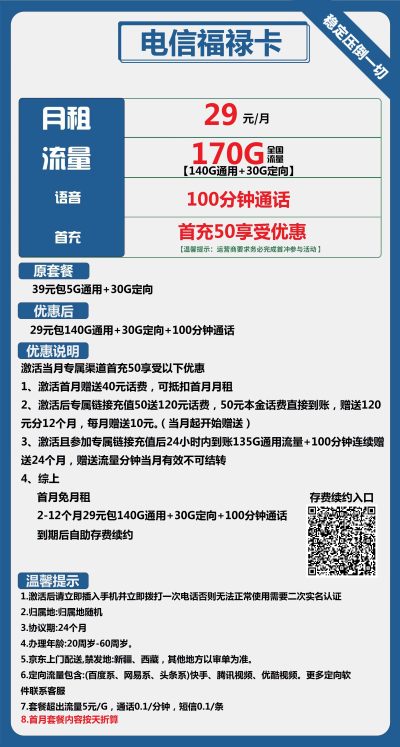 电信福禄卡29元/170G/100分钟