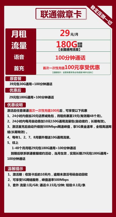 联通徽章卡29元/180G/100分钟