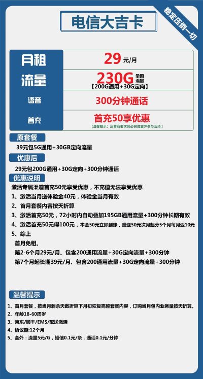 电信大吉卡29元/230G/300分钟