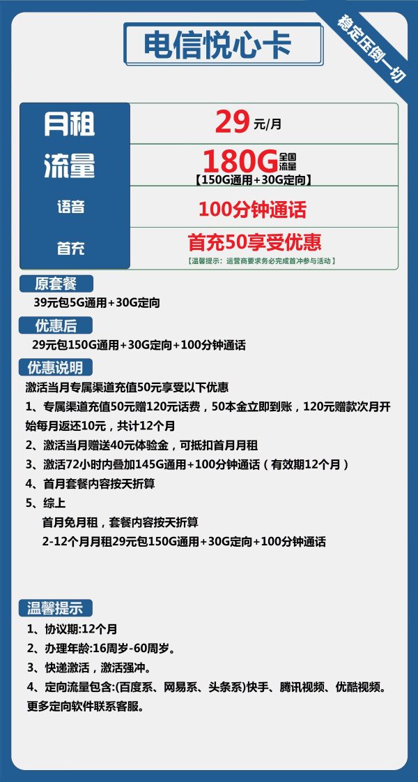 电信悦心卡29元/180G/100分钟