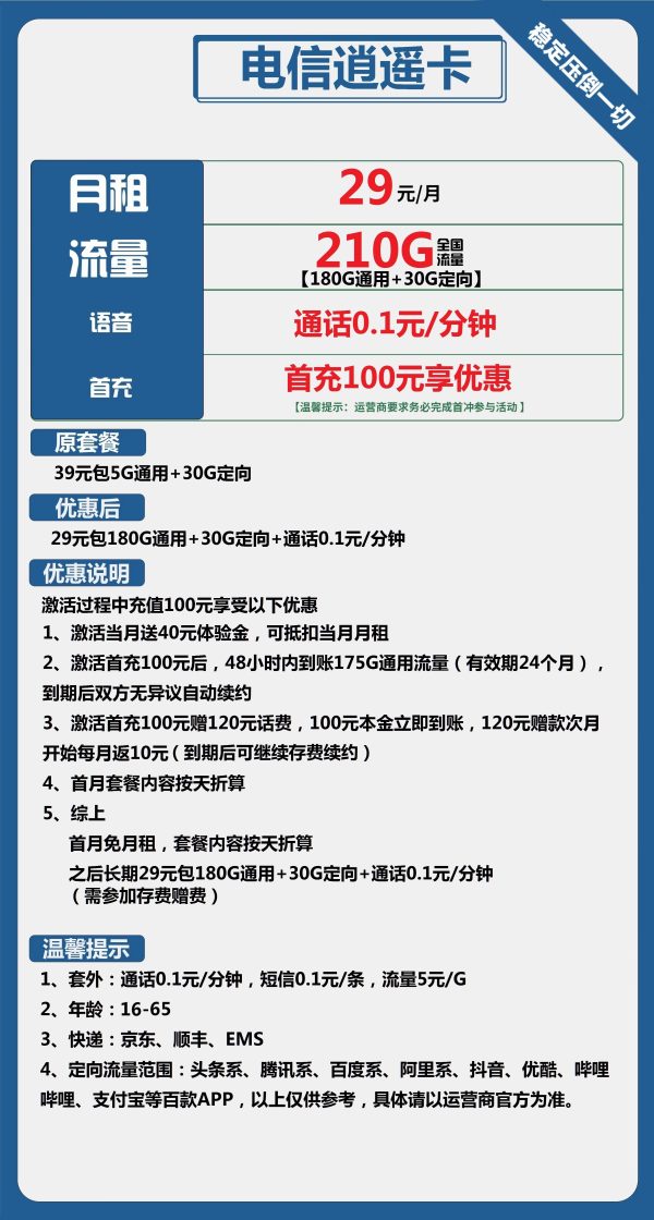 电信逍遥卡29元/210G