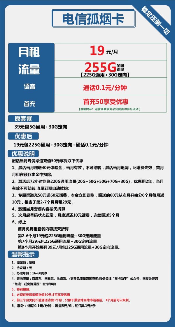 电信孤烟卡19元/255G