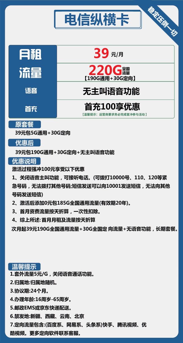 电信纵横卡39元/220G