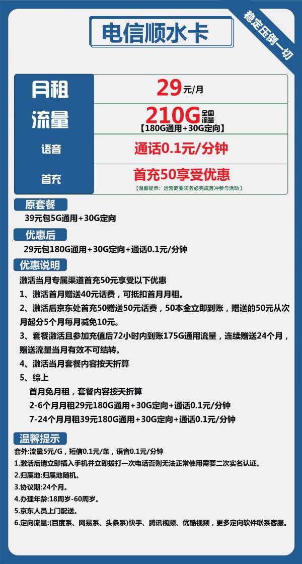 电信顺水卡29元/180G