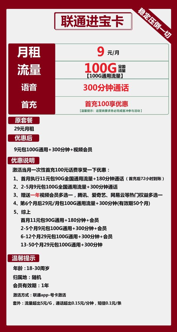 联通进宝卡9元/100G/300分钟