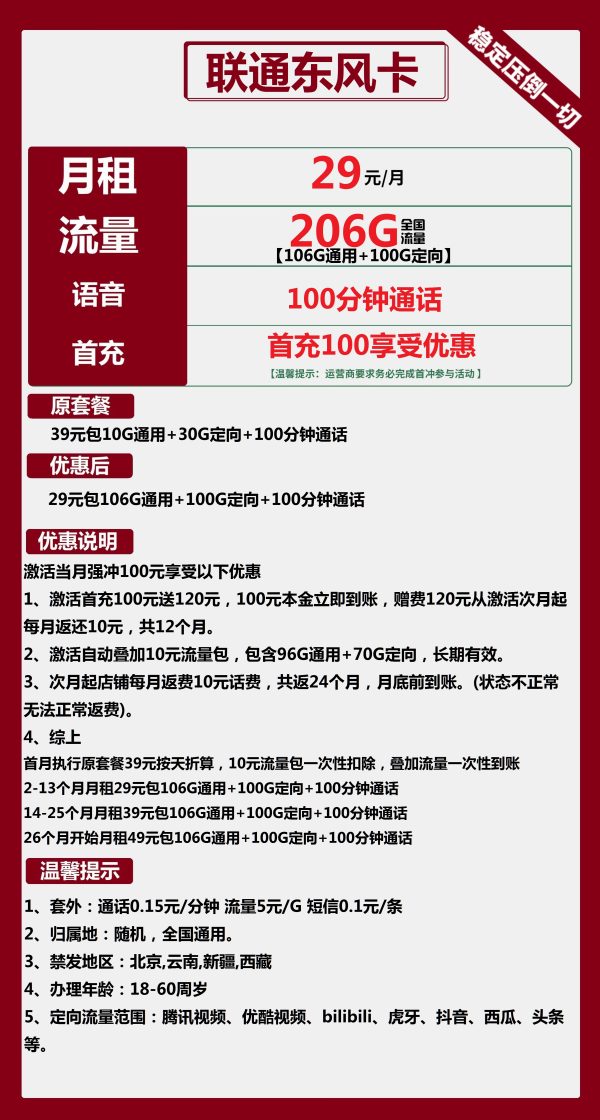 联通东风卡29元/206G/100分钟