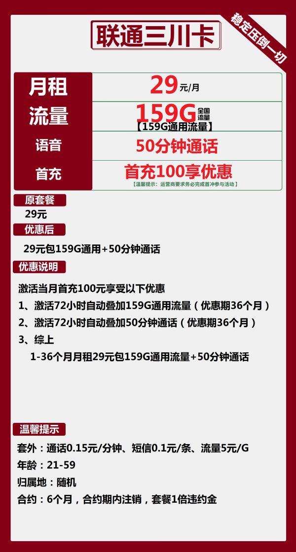 联通三川卡29元/159G/50分钟