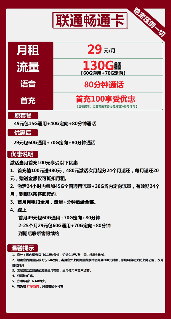 联通畅通卡29元/130G/80分钟