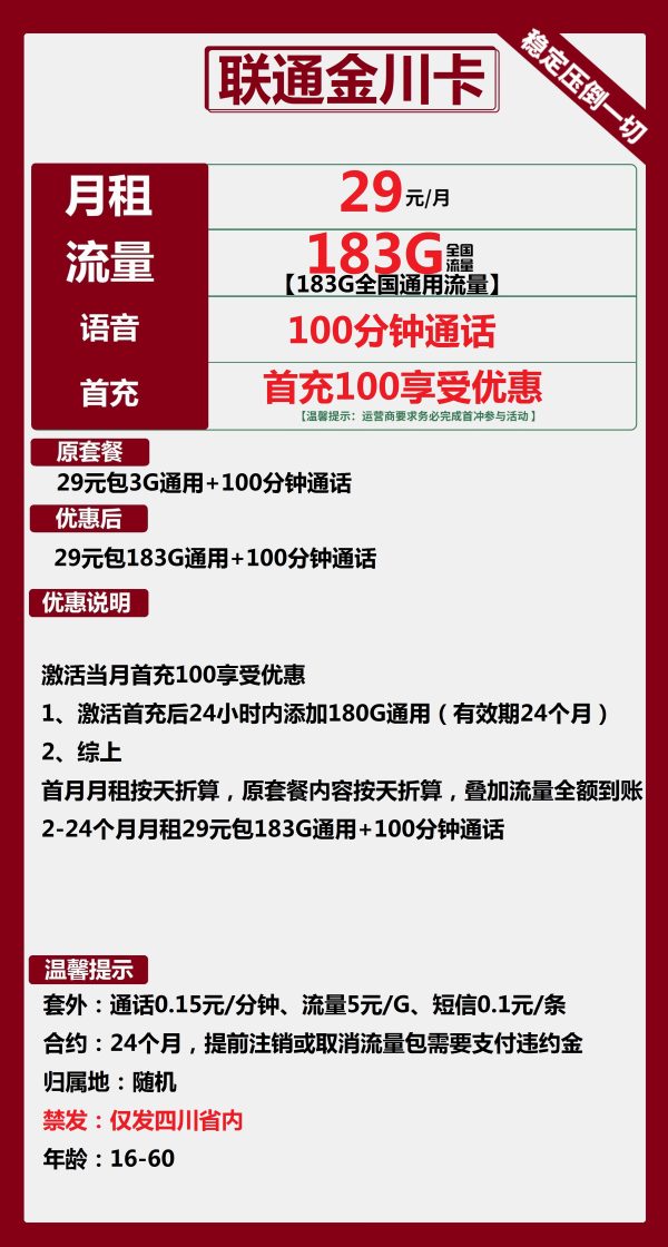联通金川卡29元/183G/100分钟