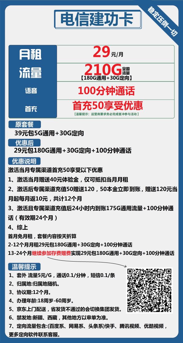 电信建功卡29元/210G/100分钟